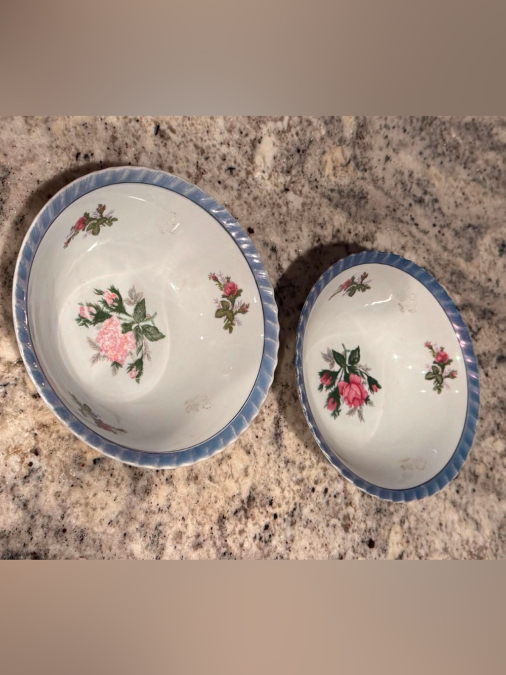 JAPAN Blue Rim Floral Ceramic Serving Bowls - Set of 2 - 8in no chips or cracks